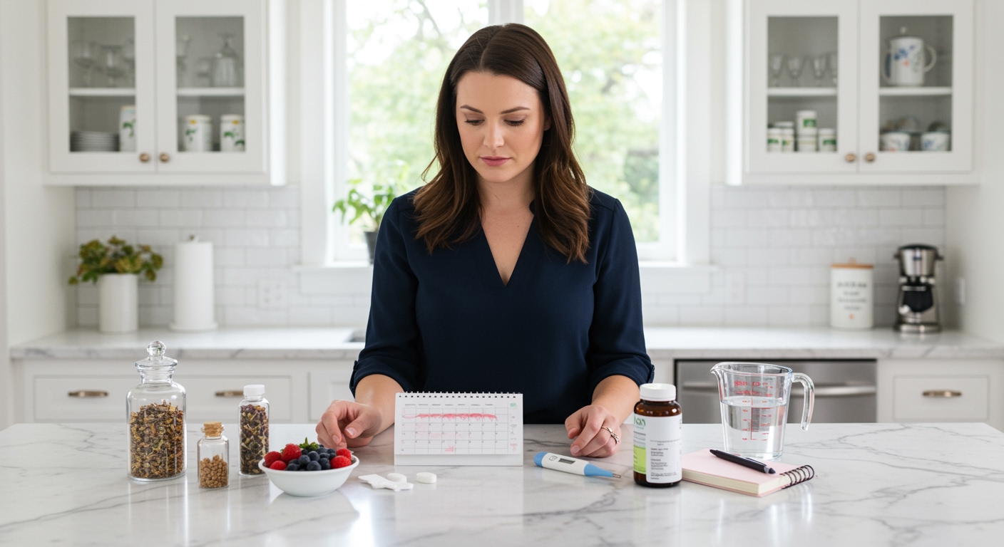 Woman examining herbs and cycle tracking items on marble counter in bright modern kitchen with natural lighting