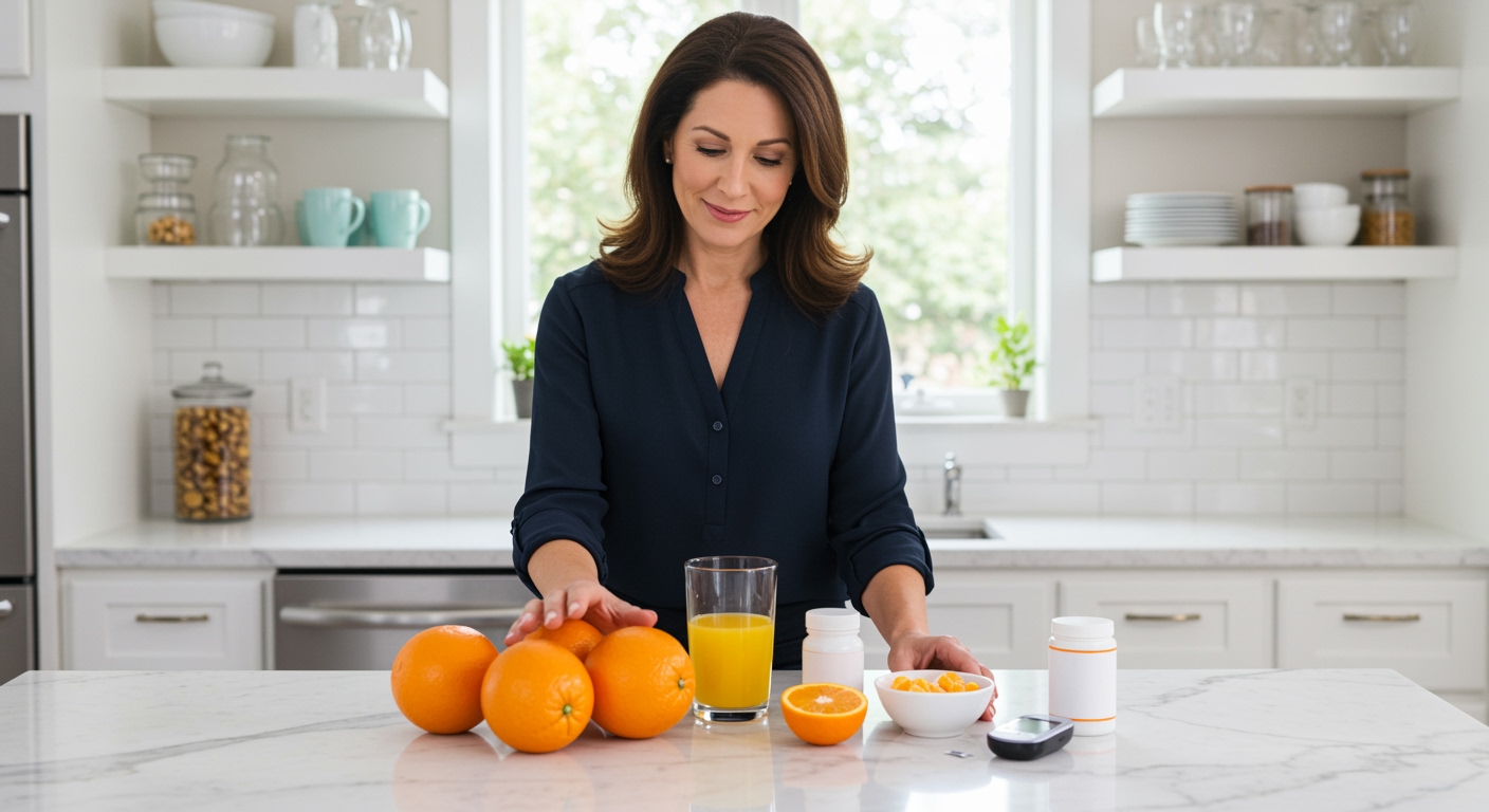 Middle-aged woman in navy blouse standing behind white marble counter with fresh oranges, orange juice, and health items