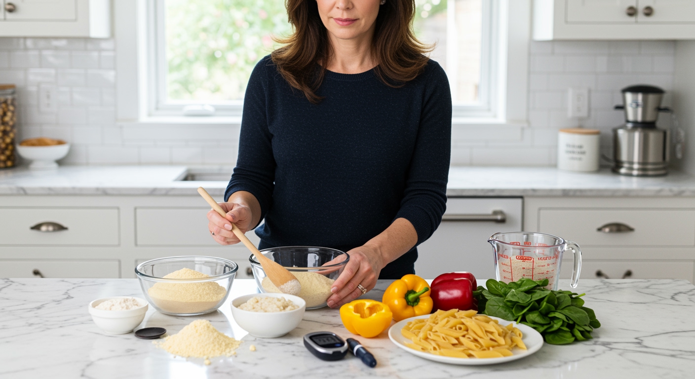 Middle-aged woman in navy sweater holding wooden spoon over semolina bowl with diabetes monitoring tools on marble counter
