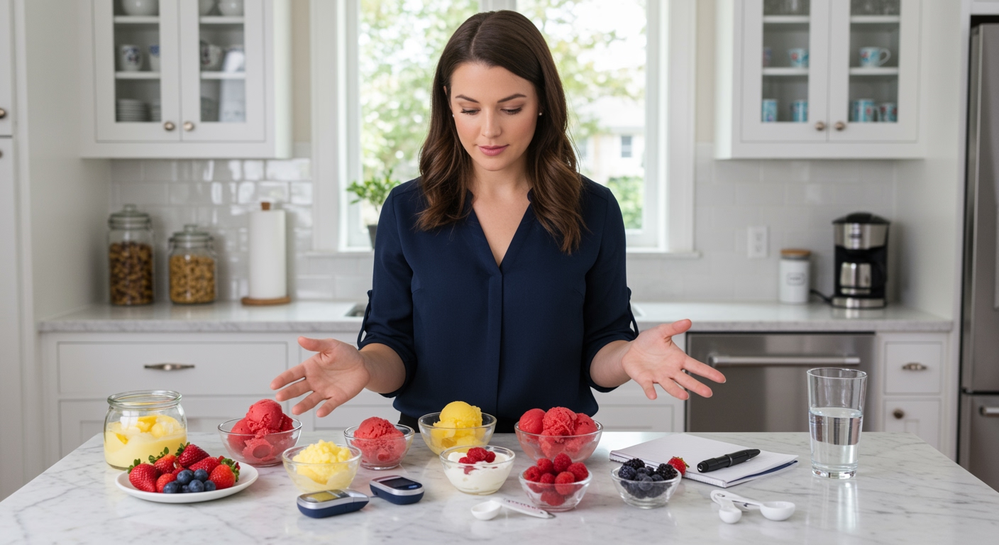 Woman examining colorful sorbets in glass bowls on marble counter with glucose meter and fresh berries in bright modern kitchen
