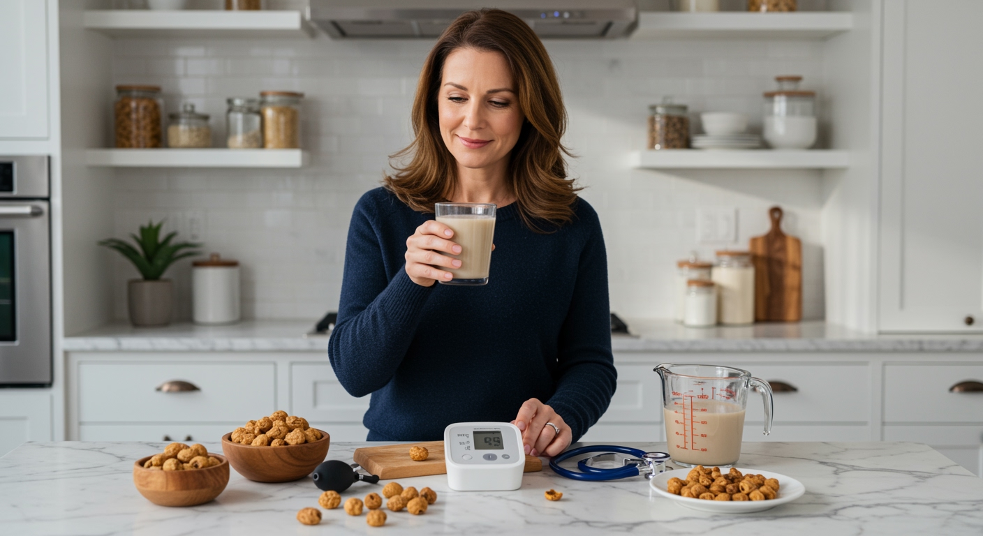 Woman holding tiger nut milk glass next to blood pressure monitor on marble counter with tiger nuts and health items