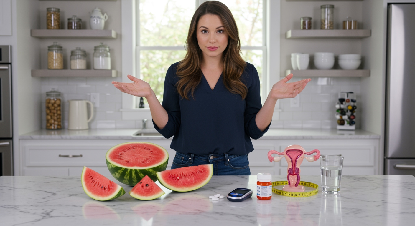 Woman holding watermelon slice with PCOS-related items including glucose meter and ovary model on marble countertop in kitchen