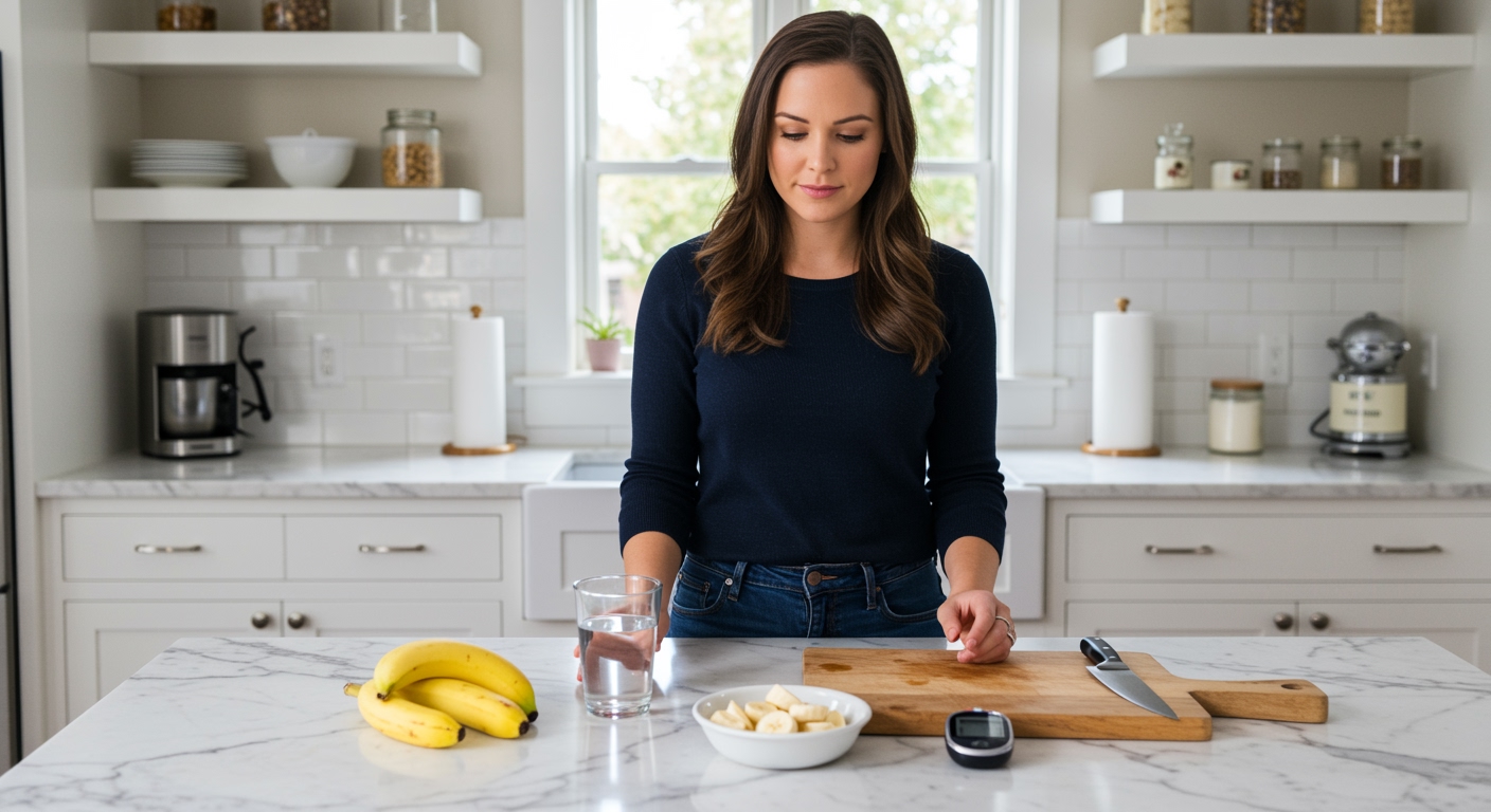 Young woman holding banana while standing behind marble counter with sliced bananas, glucose meter, and kitchen tools visible