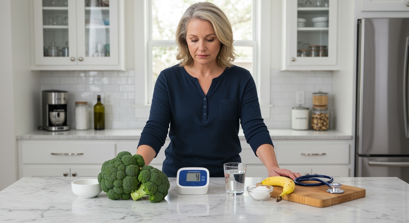 Woman standing behind marble countertop with broccoli, blood pressure monitor, and health items in bright modern kitchen