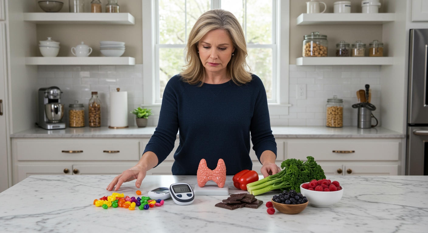 Woman standing behind marble counter with candy, thyroid model, vegetables, and health monitoring tools in bright kitchen