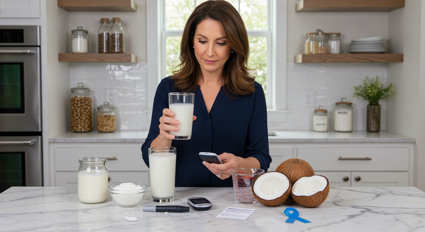 Woman holding glass of coconut milk while examining blood glucose meter on marble counter with coconut products and diabetes items