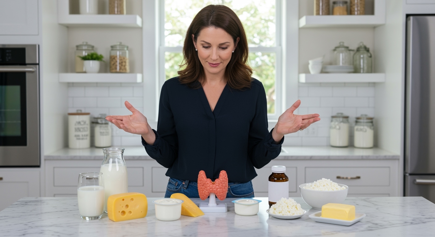 Woman standing behind marble counter examining dairy products including milk, cheese, yogurt, and anatomical thyroid model in bright kitchen