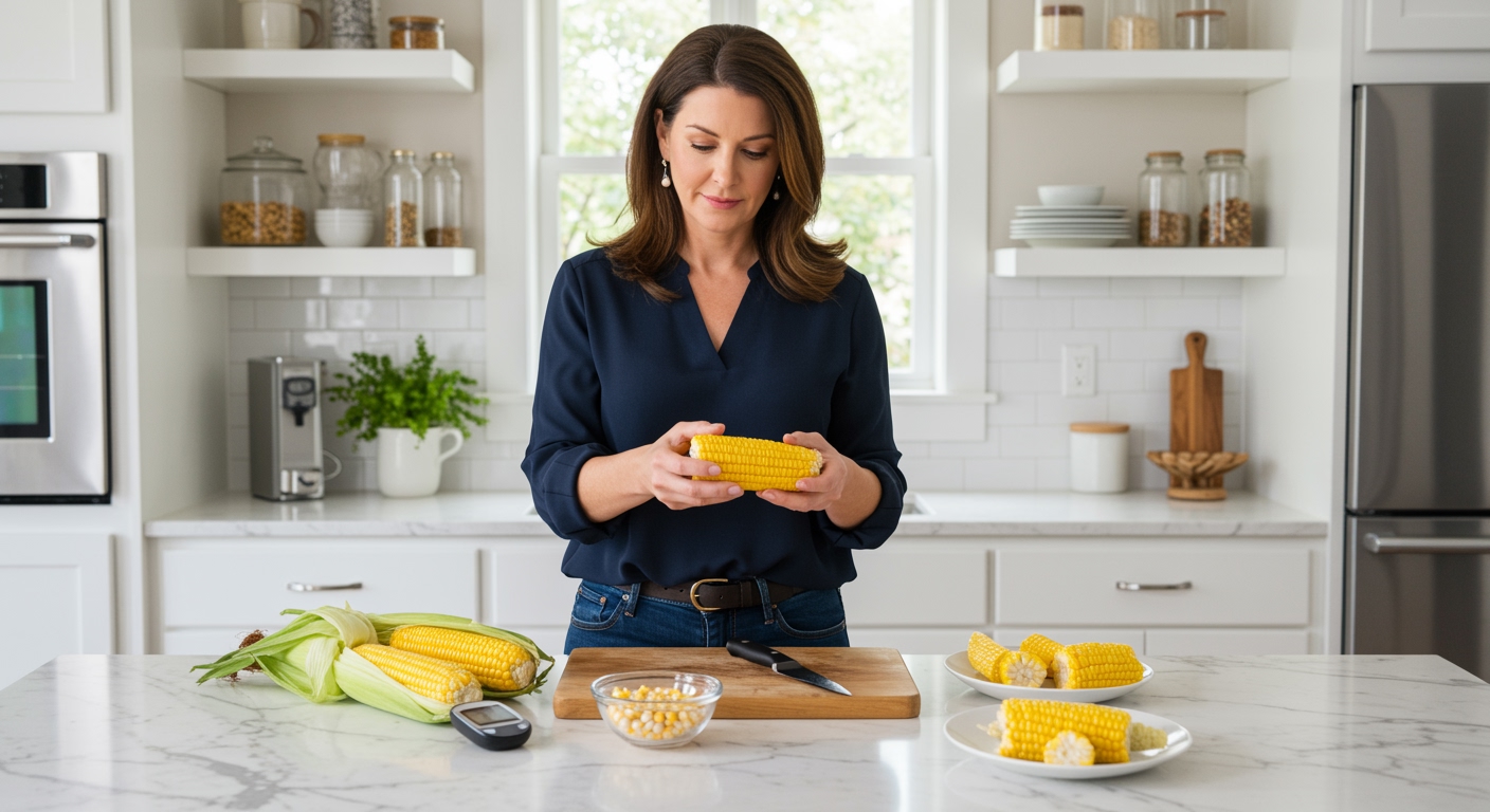 Middle-aged woman examining fresh corn cobs on marble countertop with blood glucose meter and cooking utensils in modern kitchen