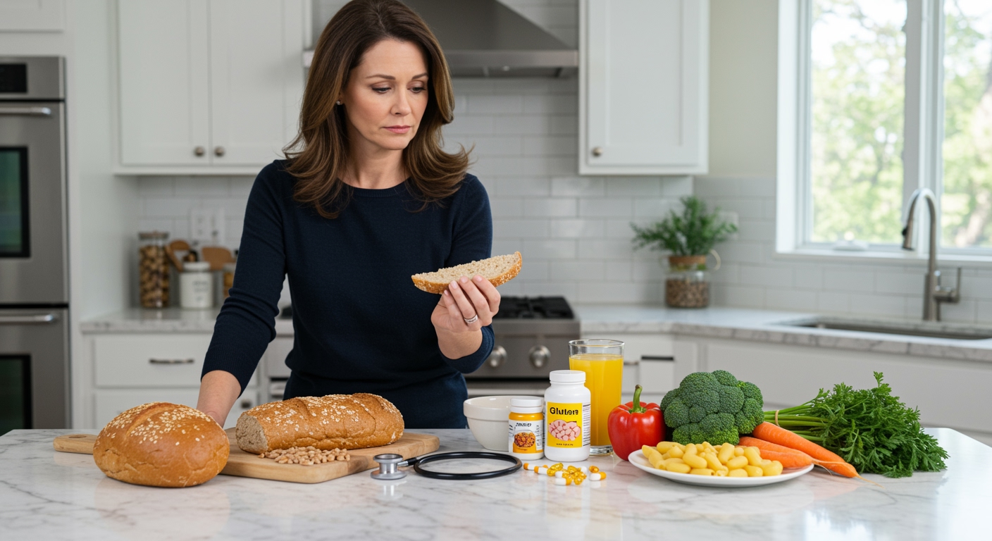 Woman holding bread while examining wheat products, vegetables, and health supplements on white marble kitchen counter