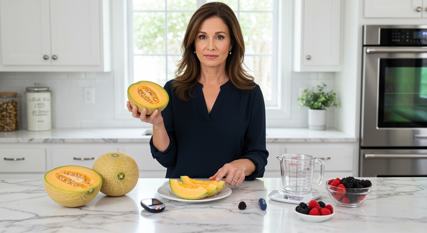 Woman holding honeydew melon half with sliced pieces and blood glucose meter on white marble kitchen counter