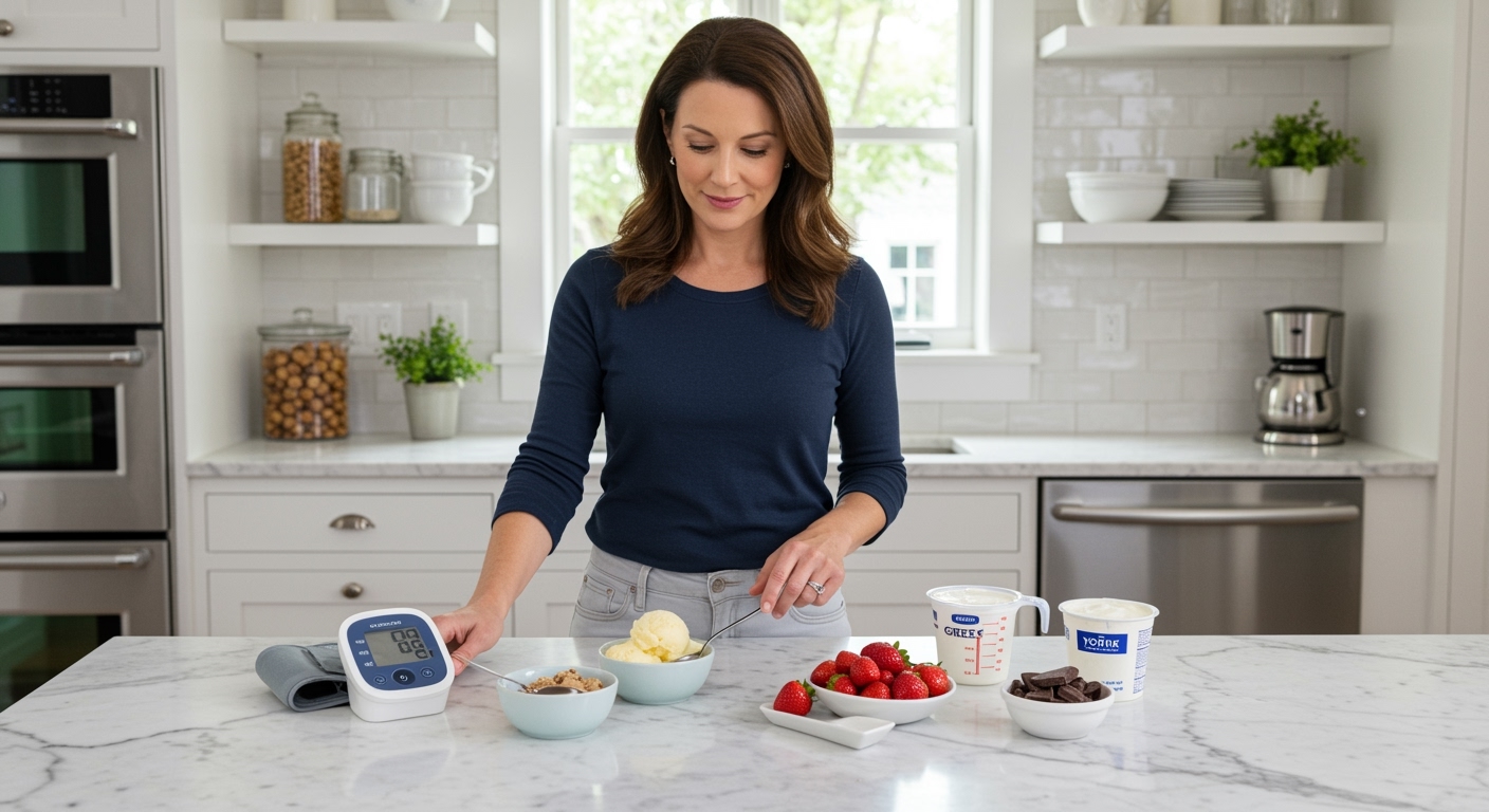 Middle-aged woman standing behind marble counter with ice cream bowl, blood pressure monitor, and healthy ingredients in bright kitchen