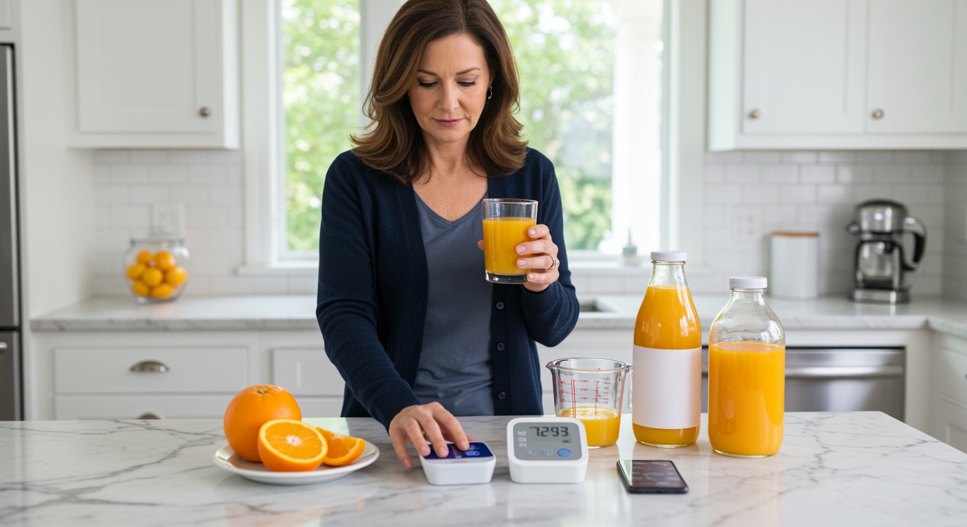 Woman holding orange juice glass while checking blood pressure monitor on marble counter with oranges and juice bottle