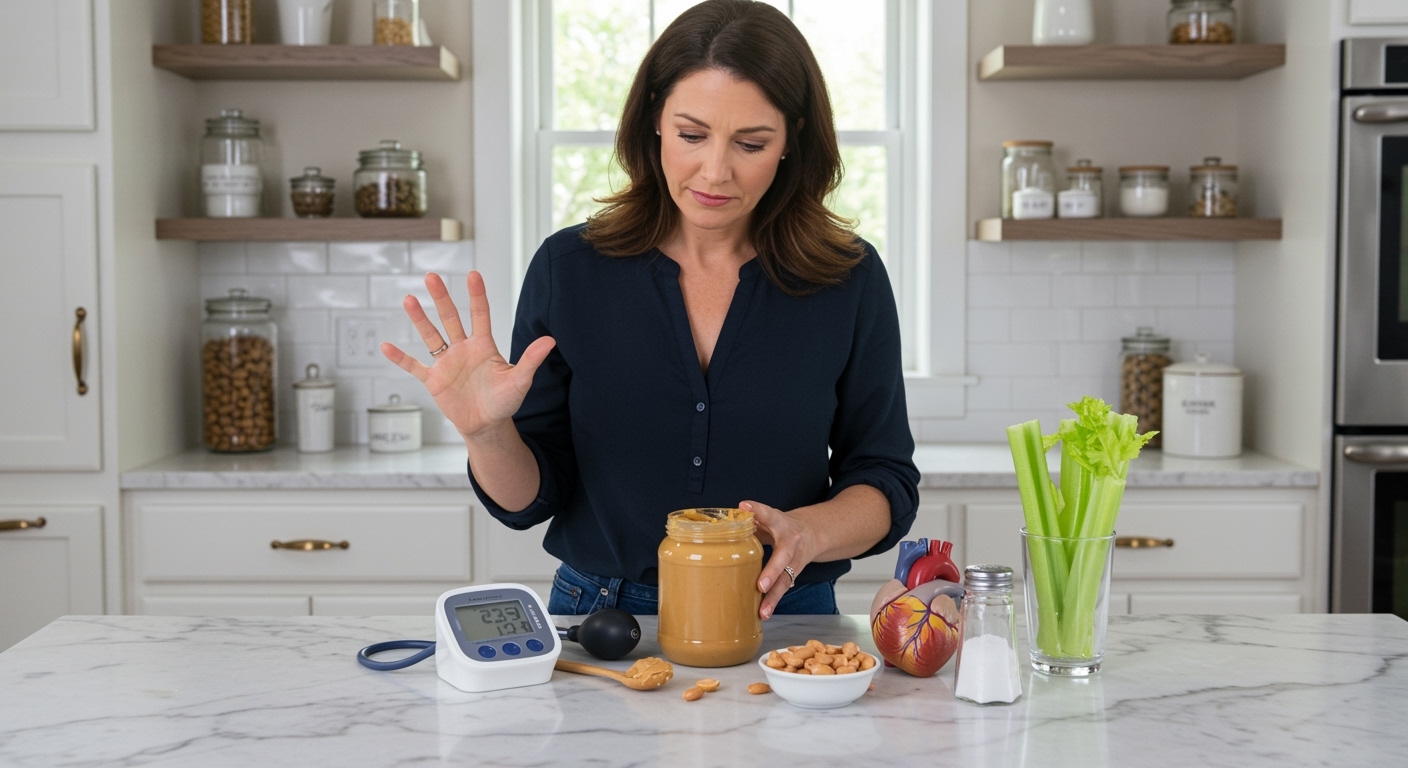Middle-aged woman standing behind marble counter examining peanut butter jar with blood pressure monitor and heart model visible