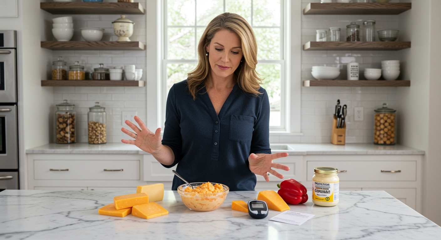 Middle-aged woman examining pimento cheese spread, cheddar blocks, peppers, and glucose meter on white marble kitchen counter