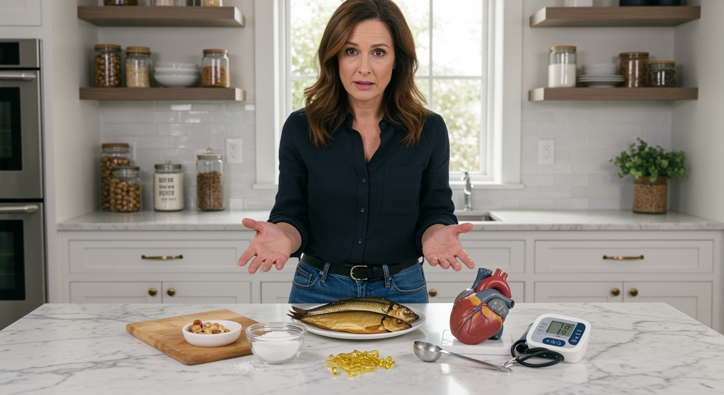 Woman standing behind marble countertop with smoked kippers, heart model, blood pressure cuff, and salt bowl in bright kitchen