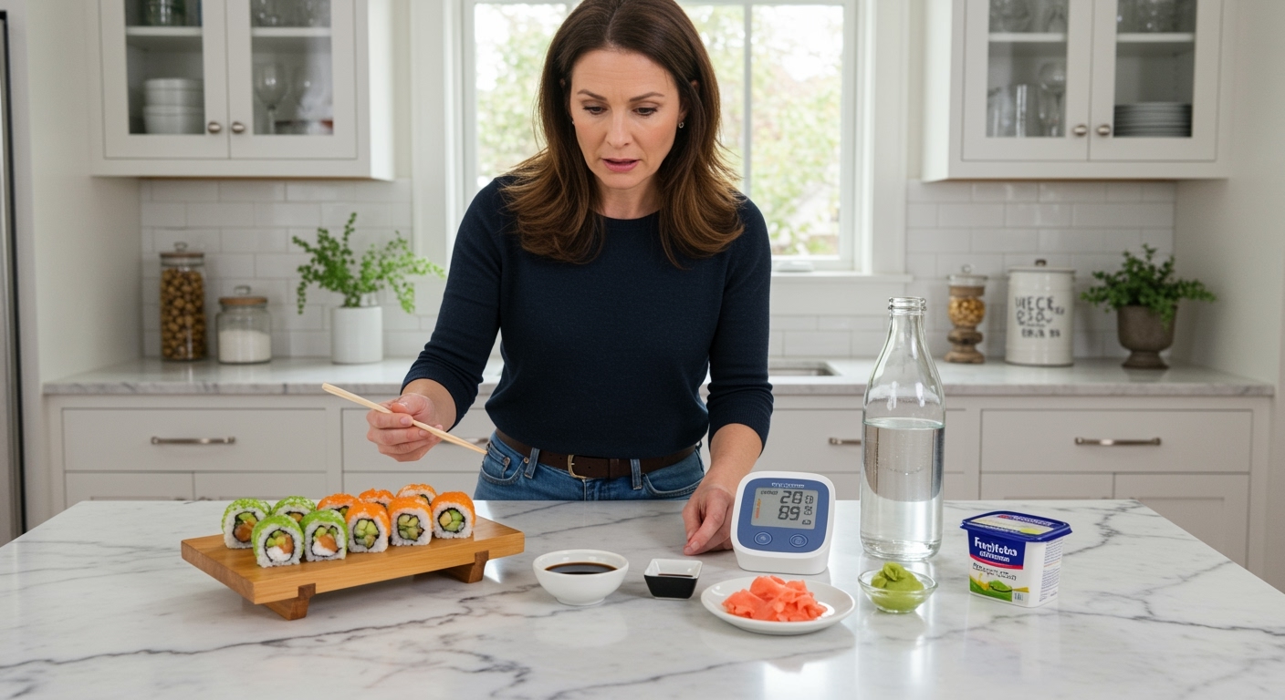 Woman holding sushi with chopsticks while standing near blood pressure monitor on marble countertop with soy sauce and fresh ingredients
