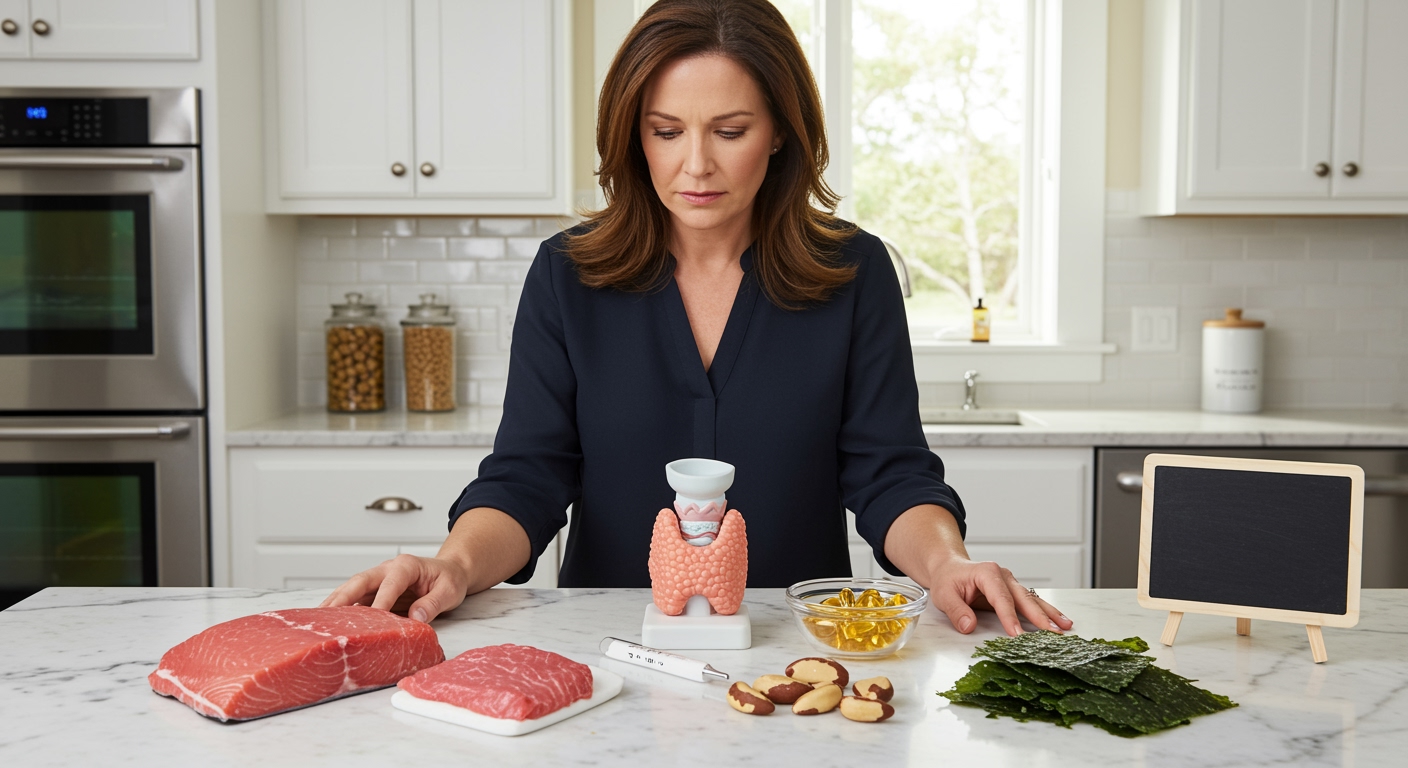 Woman standing behind marble counter looking at swordfish fillet, thyroid model, nuts, supplements, and health items in bright kitchen