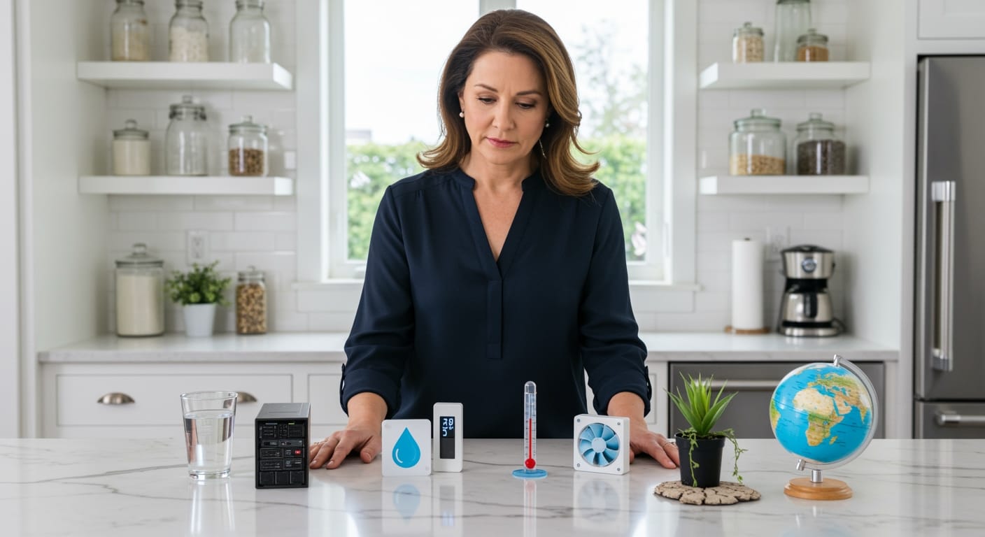 Woman standing behind marble countertop examining water glass, computer server, and environmental objects in modern kitchen
