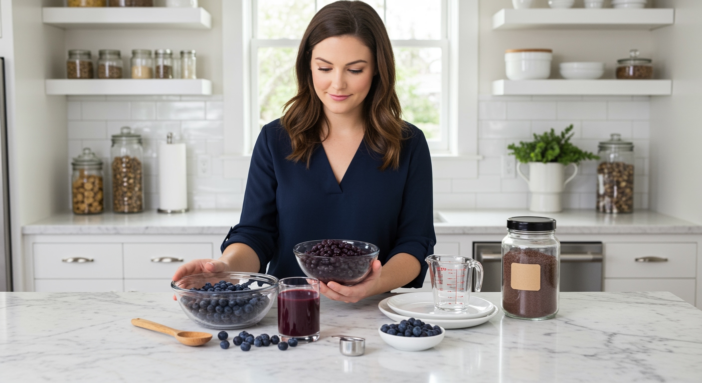 Woman holding glass bowl of acai berries on white marble counter with acai juice and powder in modern kitchen