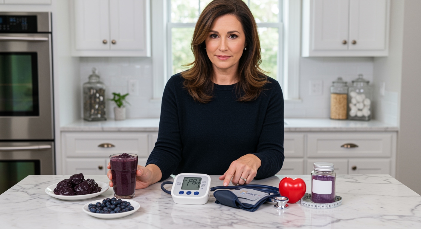 Woman holding acai berries bowl next to blood pressure monitor on white marble counter with health items in modern kitchen