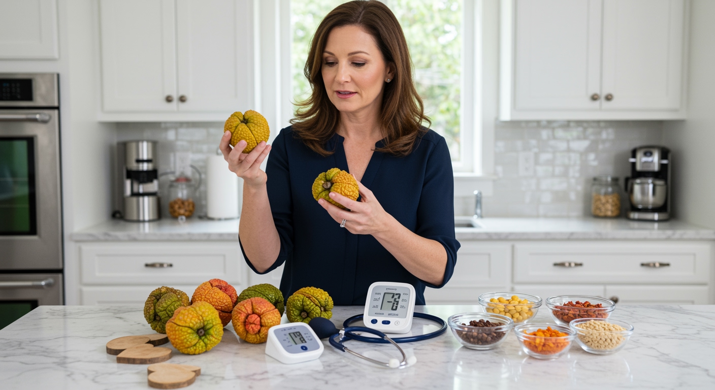 Woman holding ackee fruit while examining it with blood pressure monitor and heart symbols on marble countertop