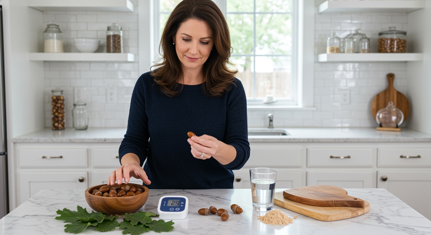 Woman examining acorns on marble countertop with blood pressure monitor and heart-healthy items in modern kitchen