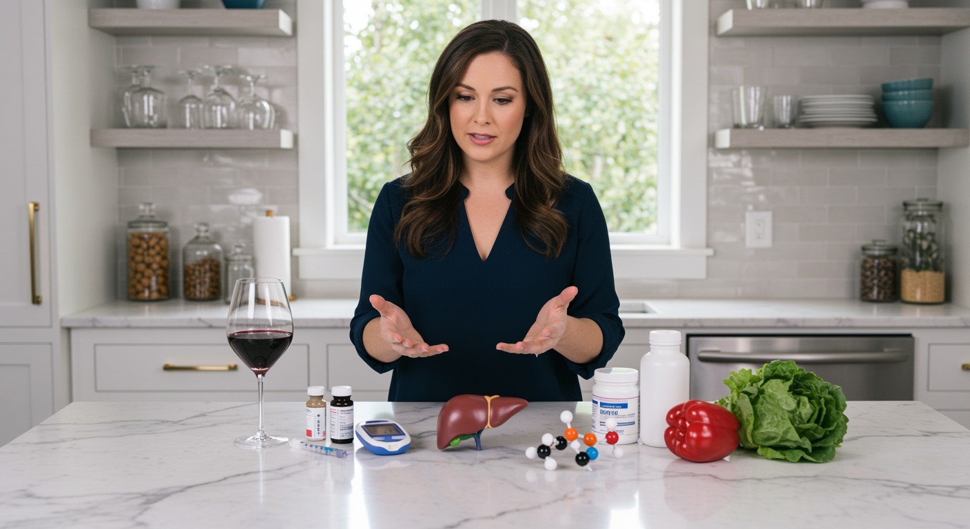 Woman standing behind marble counter examining wine glass, glucose meter, and hormone models in bright modern kitchen