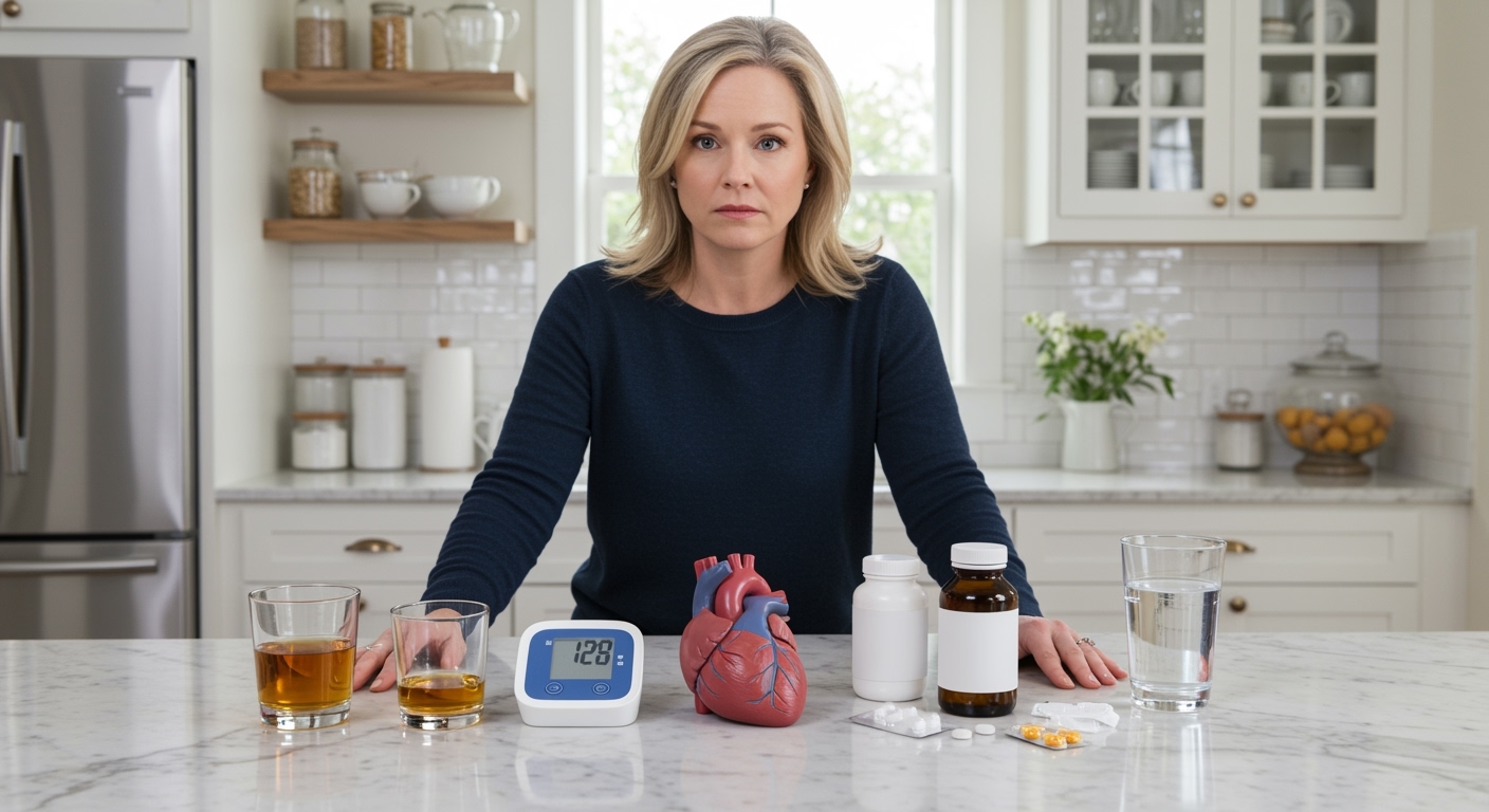 Woman standing behind marble counter with glass of alcohol, blood pressure monitor, heart model, and health items in bright kitchen