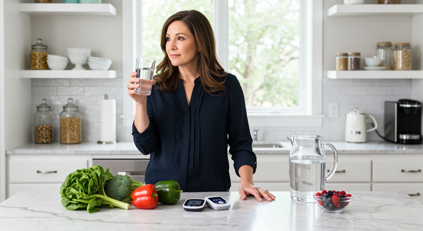 Woman holding glass of water behind marble counter with pH meter, glucose monitor, and fresh vegetables in modern kitchen