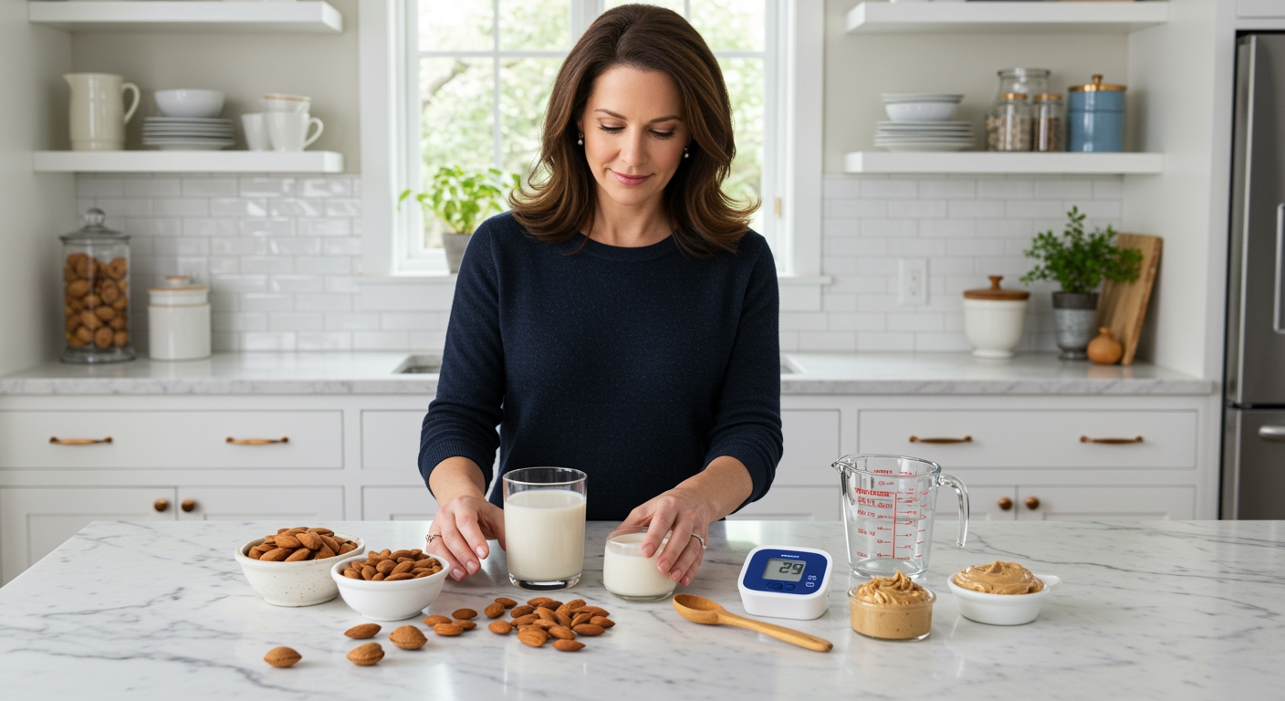 Woman standing behind marble counter with almond cream glass and blood pressure monitor in bright modern kitchen