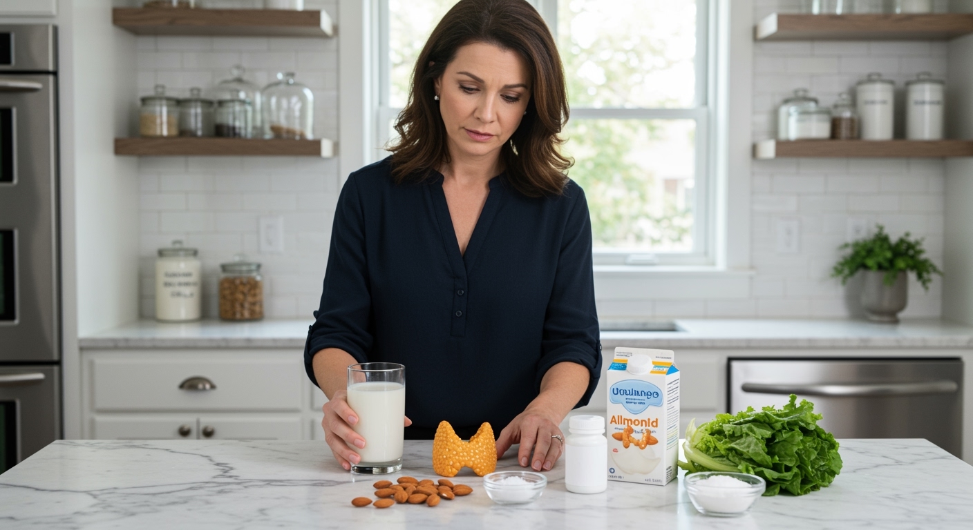 Woman holding glass of almond milk while standing behind marble counter with thyroid medication, almonds, and thyroid model visible
