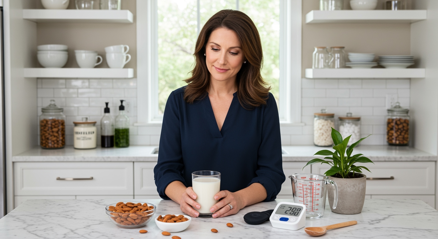 Woman holding glass of almond milk behind marble counter with blood pressure monitor, almonds, and kitchen items visible