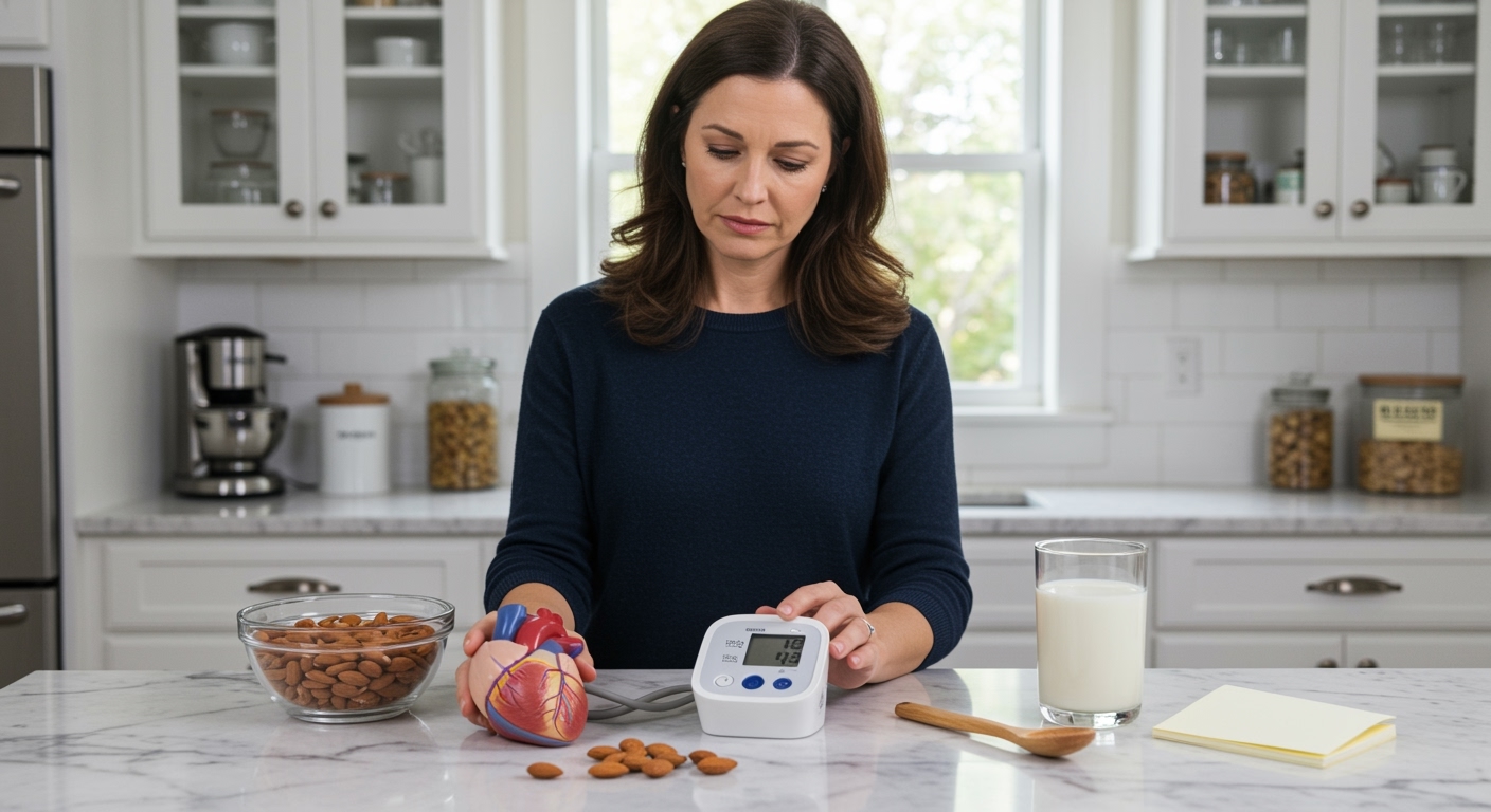 Woman holding blood pressure monitor while standing behind marble counter with bowl of almonds, heart model, and almond milk visible