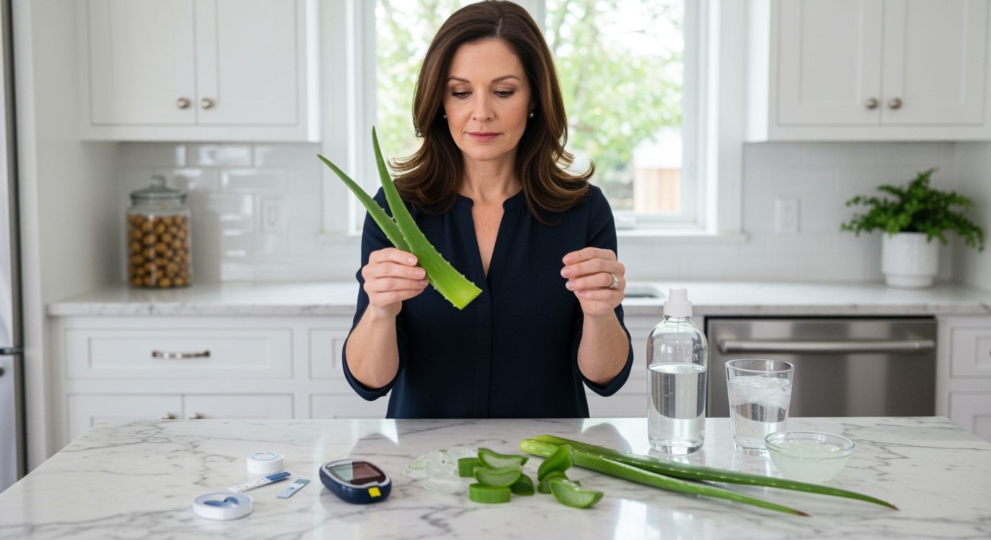 Middle-aged woman holding aloe vera leaf examining it closely with diabetes testing supplies on marble countertop