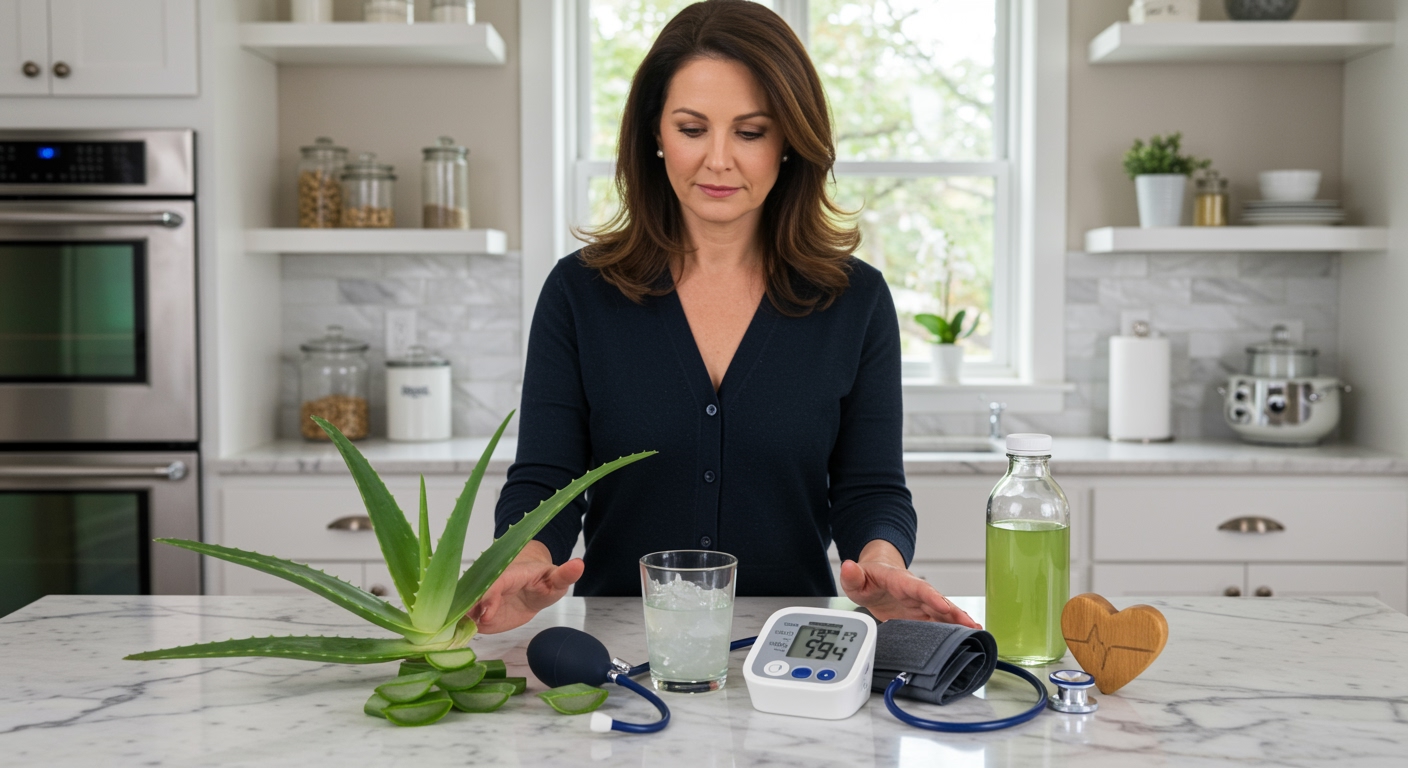 Woman standing behind marble counter with aloe vera plant, blood pressure monitor, and health items in bright kitchen