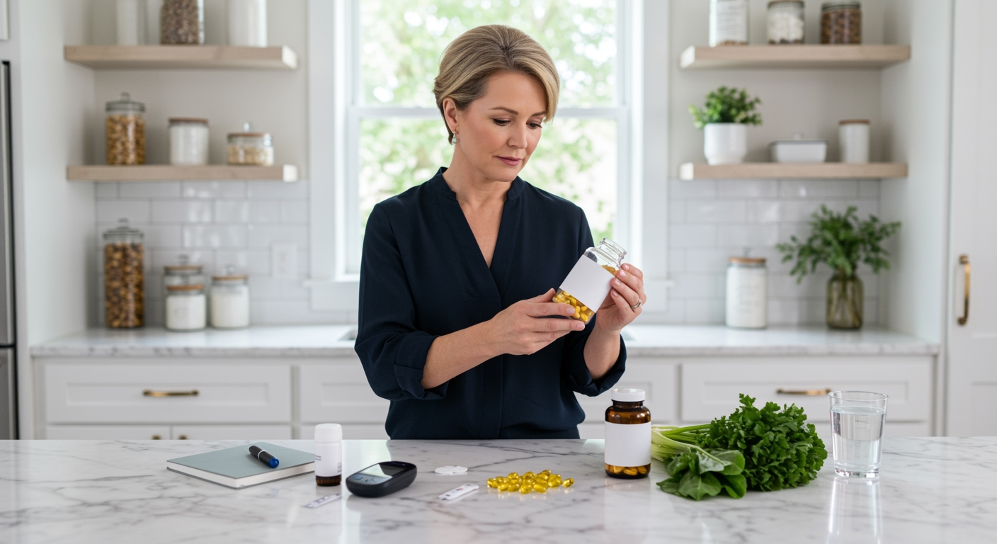Middle-aged woman holding supplement bottle while standing behind marble countertop with diabetes monitoring equipment and vegetables