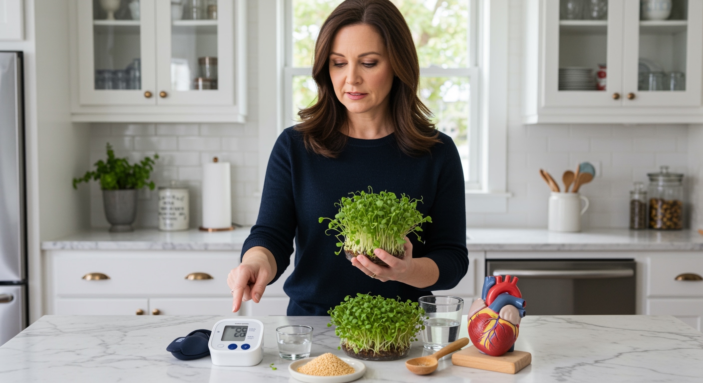 Woman holding amaranth sprouts bowl with blood pressure monitor and heart model on marble countertop in bright kitchen