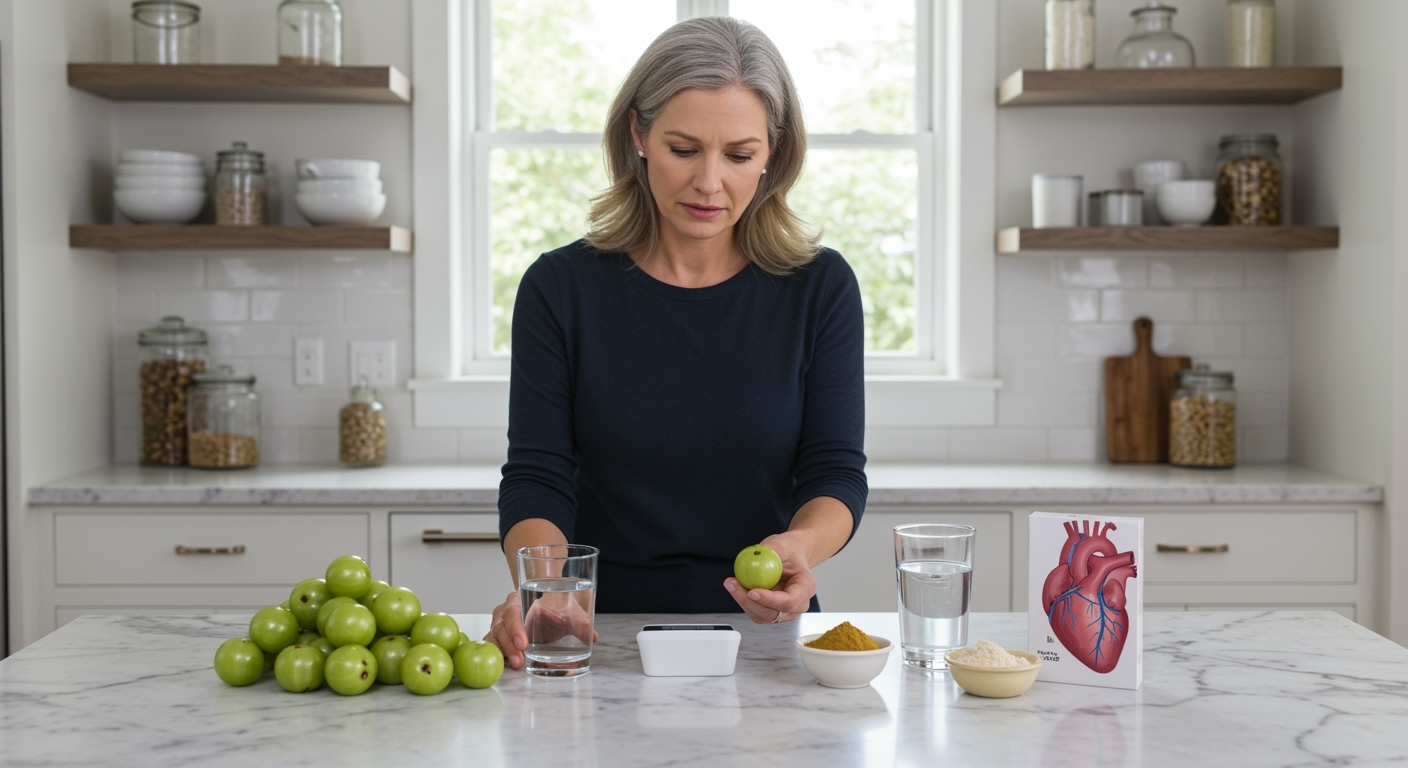 Middle-aged woman in navy shirt examining fresh amla fruits while standing at white marble counter with blood pressure monitor and bowl