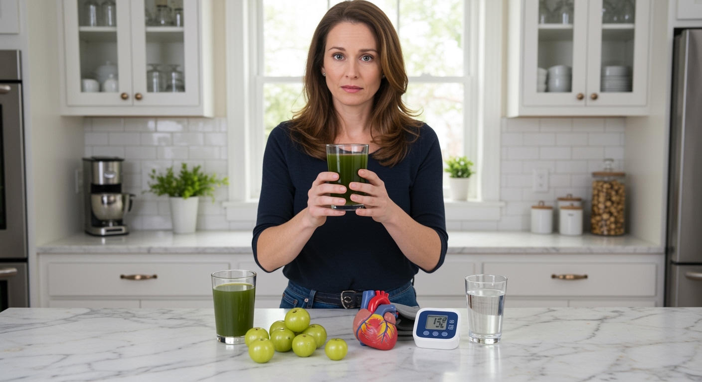 Woman holding glass of green amla juice with fresh gooseberries and blood pressure monitor on white marble countertop in bright kitchen