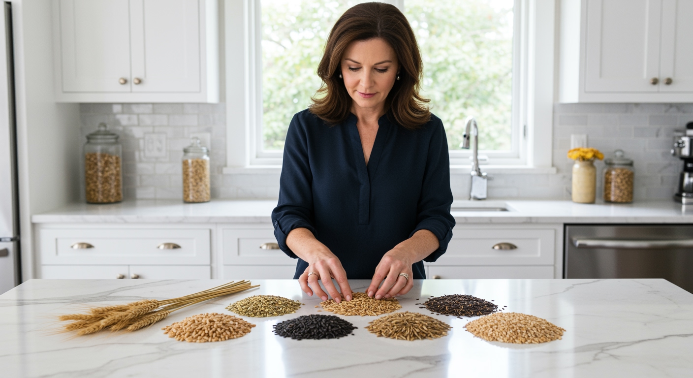 Woman holding ancient grains and seeds on marble countertop with various grain piles arranged in modern kitchen setting