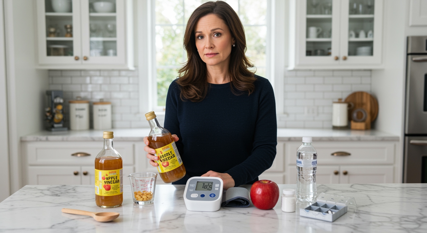 Woman holding apple cider vinegar bottle with blood pressure monitor and health items on white marble kitchen counter