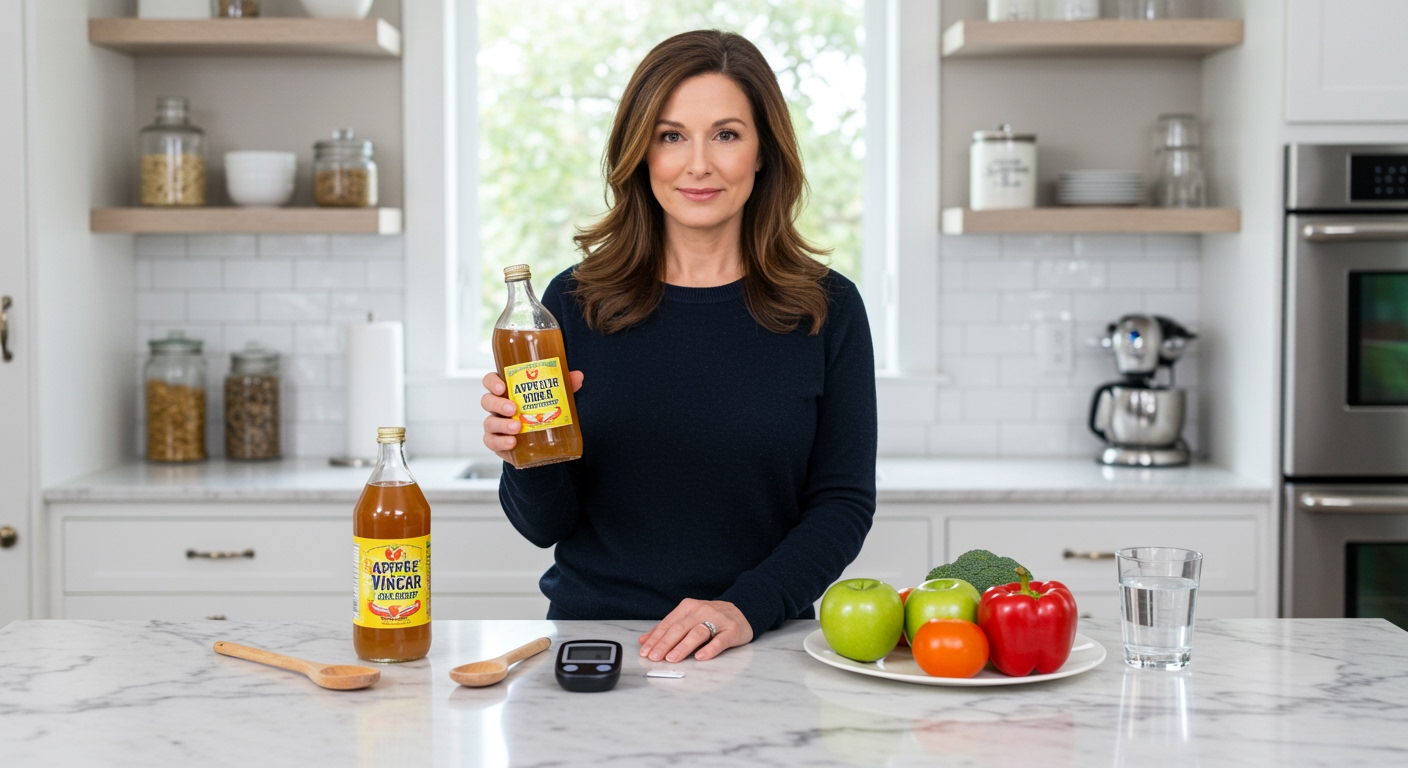 Woman holding apple cider vinegar bottle with blood glucose meter and healthy foods on marble kitchen counter