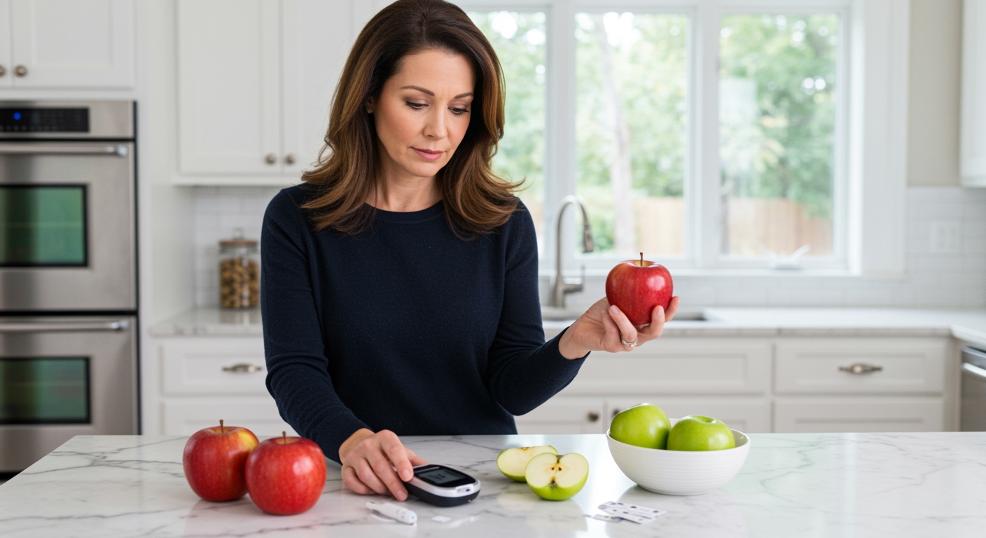 Woman holding red apple while looking at glucose meter on kitchen counter with apple slices and diabetes testing supplies