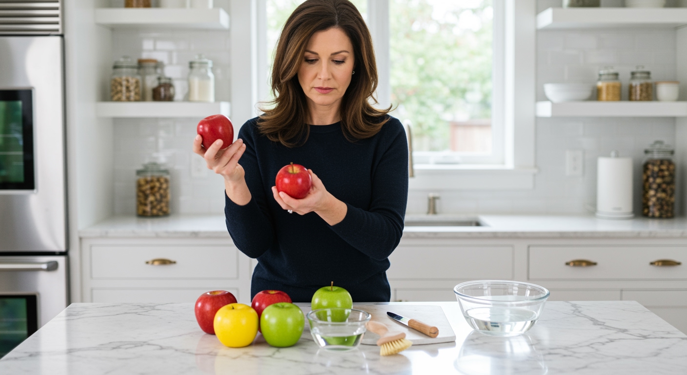 Woman holding red apple while standing behind white marble countertop with apples, water bowl, and vegetable brush in bright kitchen