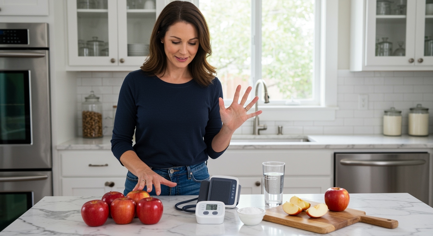 Woman holding red apple while standing behind marble countertop with blood pressure monitor, salt bowl, and apple slices in bright kitchen.