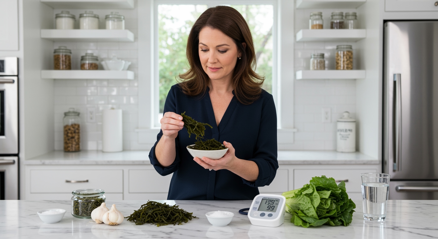 Middle-aged woman holding bowl of arame seaweed with blood pressure monitor and heart-healthy foods on marble countertop