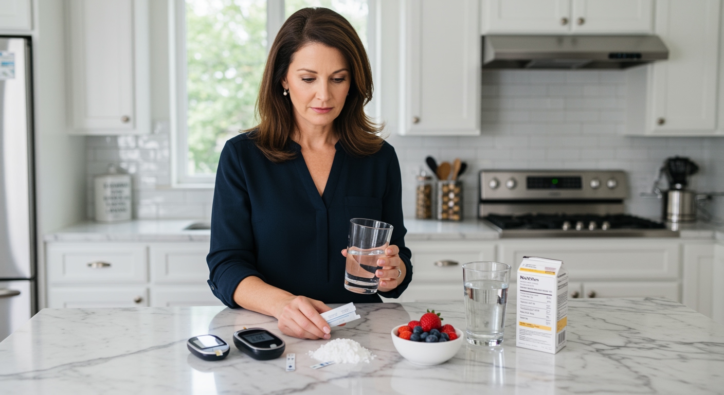 Middle-aged woman examining sweetener packet while standing behind marble countertop with diabetes testing supplies and food items