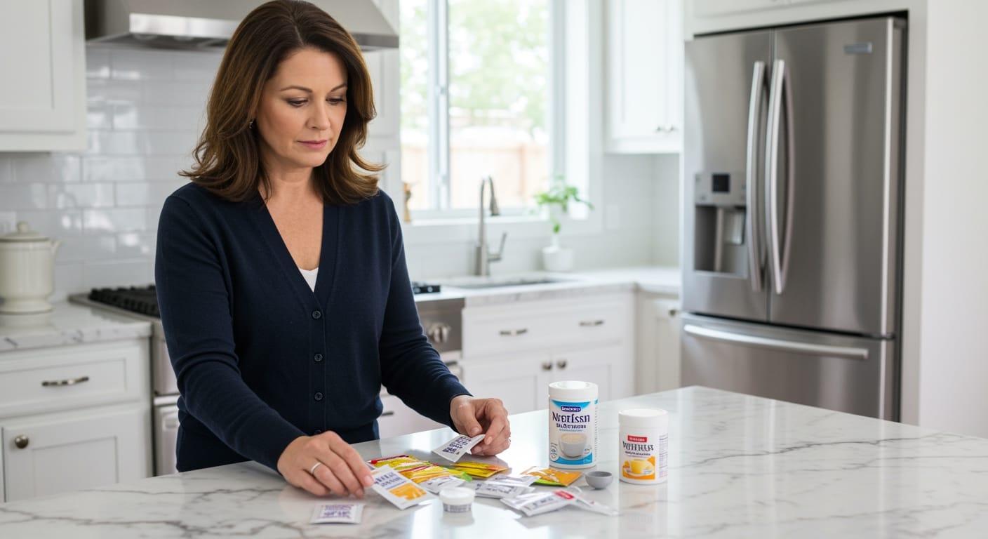 Middle-aged woman holding sweetener packet while examining various artificial sweetener products on white marble countertop