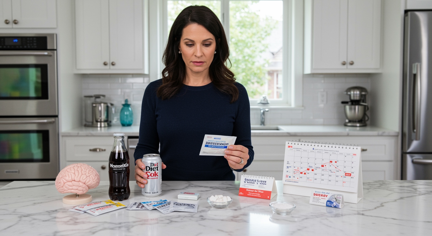 Middle-aged woman holding diet soda and sweetener packet while standing behind marble countertop with brain model and various sweeteners