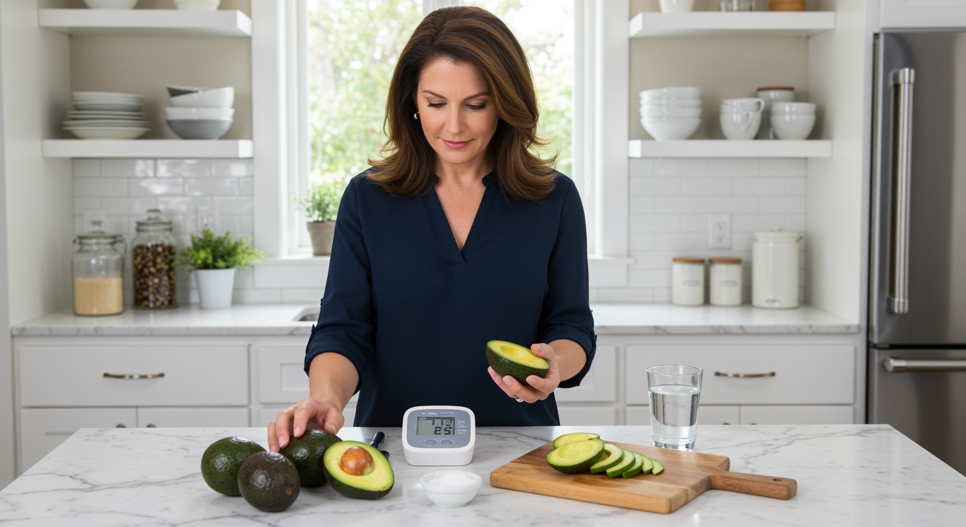 Middle-aged woman holding avocado while standing behind marble counter with blood pressure monitor and avocado pieces